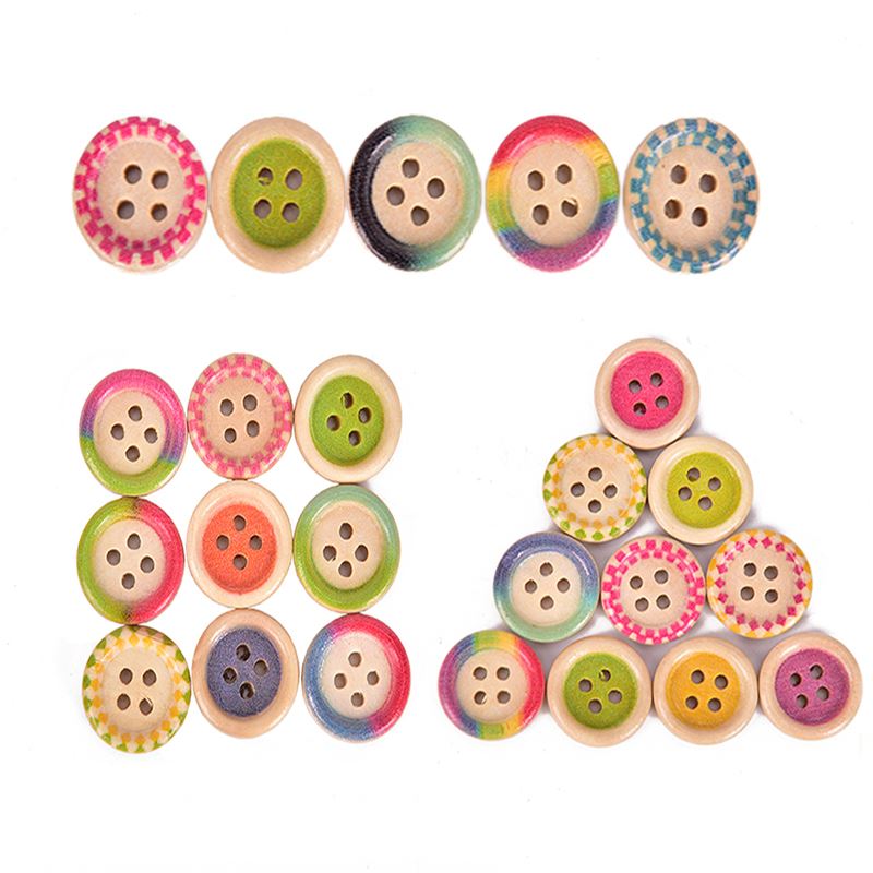 50pcs Multi-color Optional 4 Hole 15mm Round Mixed Wood Butt