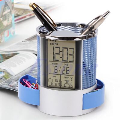 Digital LCD Desk ALm Clock & Mesh Rulers Pen Pencil Hold