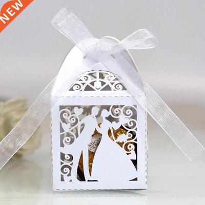 25/50Pcs Love Heart Cut Hollow Bride Candy Boxes with Ribbon
