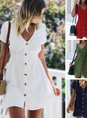 Women's Dress 2021 Spring/Summer Pure Color Single Row B