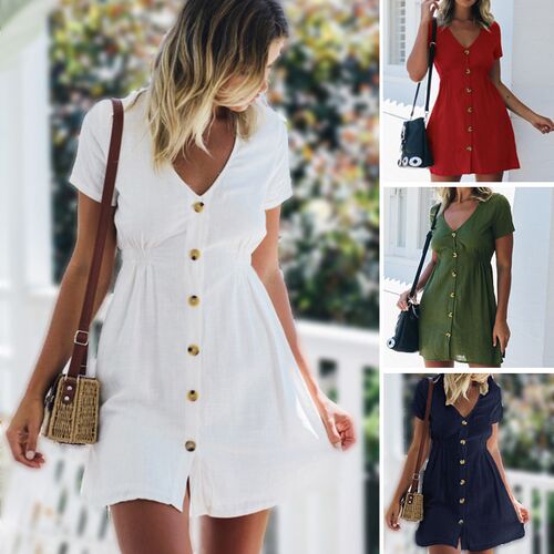 Women's Dress 2021 Spring/Summer Pure Color Single Row B