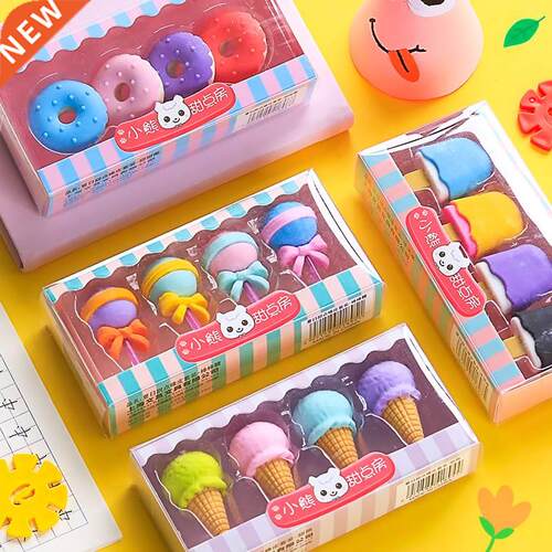 4pcs Yummy Dessert Erasers Set Mini Lollipop Icecream Popsic