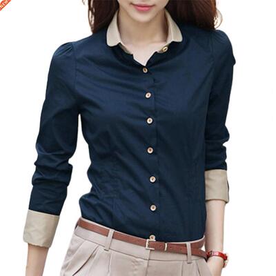 Office Blouses Elegant Tight Blue Solid Color Shirt Buttons