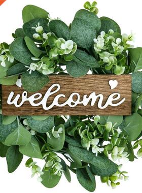 Welcome Sign with Wreaths Front Door Porch Decor,Wood Hangin