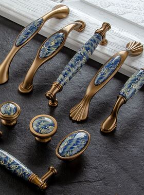 Blue Leaf hand painted ceramichandle and knobs Cupboard cabi