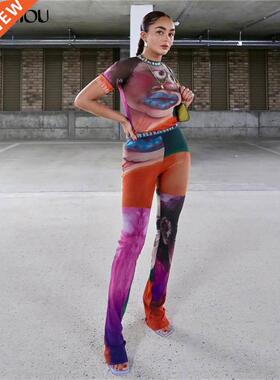 Kliou Funny Mesh Two Piece Set Women Undefined Y2K Letter Ca