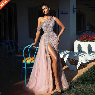 SoDigne One Shoulder Arabic Mermaid Evening Dress Pink Shinn