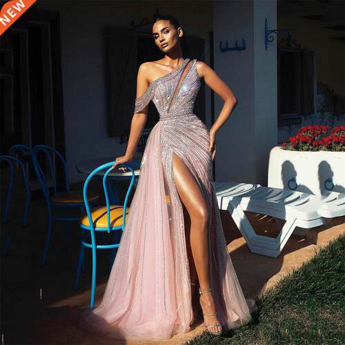 SoDigne One Shoulder Arabic Mermaid Evening Dress Pink Shinn