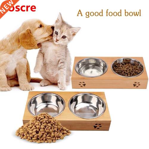 Double Single Dog Bowls for Pet Puppy Stainless Steel Bamboo