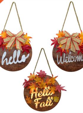 Door Welcome Maple Leaf Hanging Ornament Round Wooden Pendan