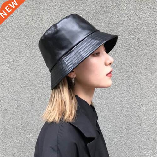 Winter Autumn Solid Black Soft PU Leather Bucket Cap Retro L
