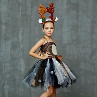 Christmas Deer Design Girls TUTU Dress Kids Halloween Reind