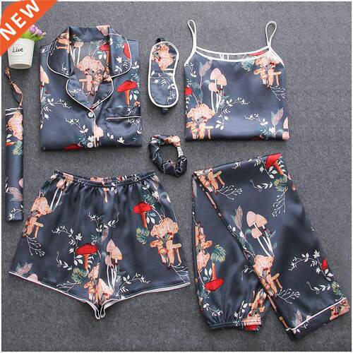 7 Pieces Womens Silk Satin Pajamas Sets Pyjamas Set Sleepwe