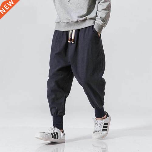 Cotton Linen Harem Pants Men Solid Elastic Waist Setwear Jog
