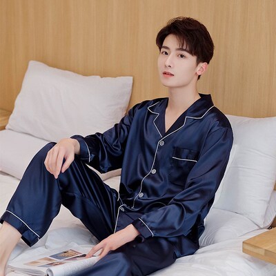 Navy Blue Men Satin Pajamas Set 2PCS Shirt &Pants Plus Size