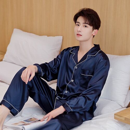 Navy Blue Men Satin Pajamas Set 2PCS Shirt &Pants Plus Size