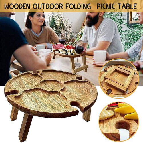 Wooden Outdoor Folding Picnic Table With Glass Holder Round
