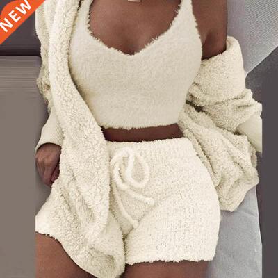 Women Coral Fleece 3 Piece Sets Pajamas Outfits Shorts Sets