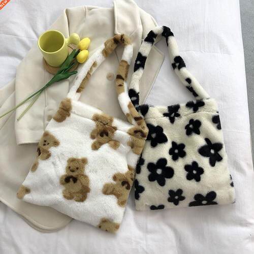 Fashion Women Shopping Bag Flower Print Plush Shoulder Ladie