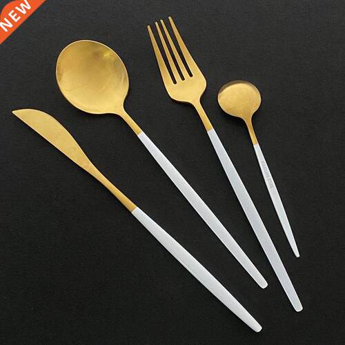Dinnerware Set 16Pcs Black Handle Gold Cutlery Set Stainless