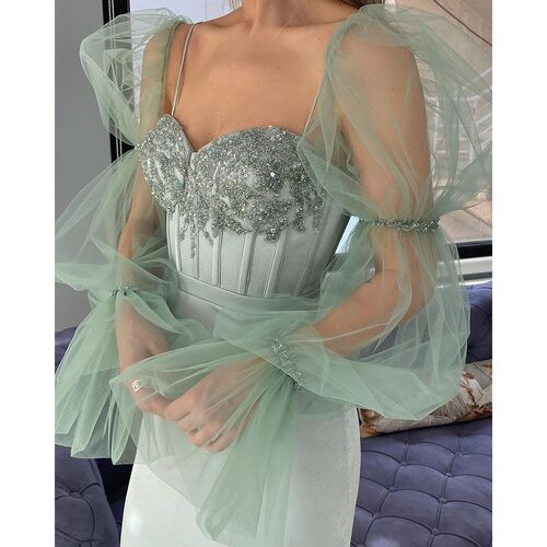 Booma Fairy Mint Green Prom Dresses Sheer Long Sleeves Sweet