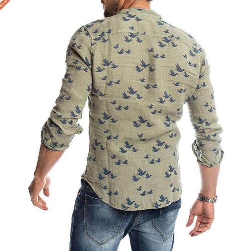 Spring Autumn Casual Men Pigeon Print Buttons Long Sleeve Sh
