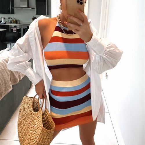 hirigin Two Piece Women Clothing Set Knitted Sleeveless Halt
