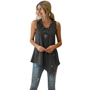 Casual Sleeveless Button Irregular T Shirt Summer 2020 Women
