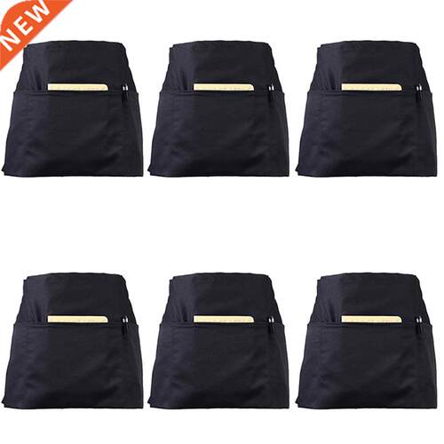 6 Pack Black Waist Aprons with 3 Pockets - Half Aprons for W