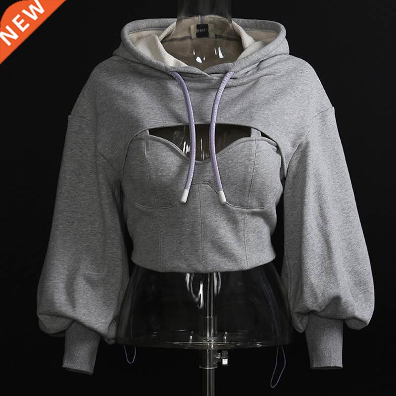 Women Autumn Crop Hoodie Cutout Pullover Hooded Sweatshirt T