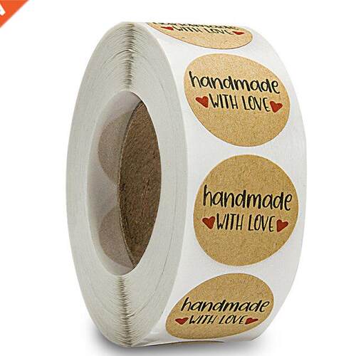 100-500pcs/lot Kraft Paper Sticker Handmade With Love Round