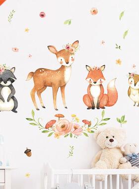 Cartoon Animals Wall Stickers Kids Rooms Fawn Fox Raccoon Ki