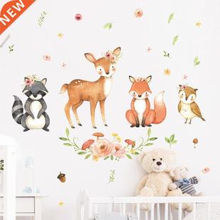 Cartoon Animals Wall Stickers Kids Rooms Fawn Fox Raccoon Ki