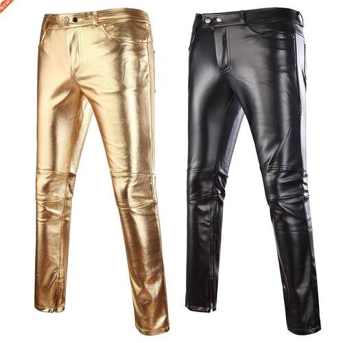 Mens Skinny Shiny Gold Silver Black PU Leather Pants Motorcy