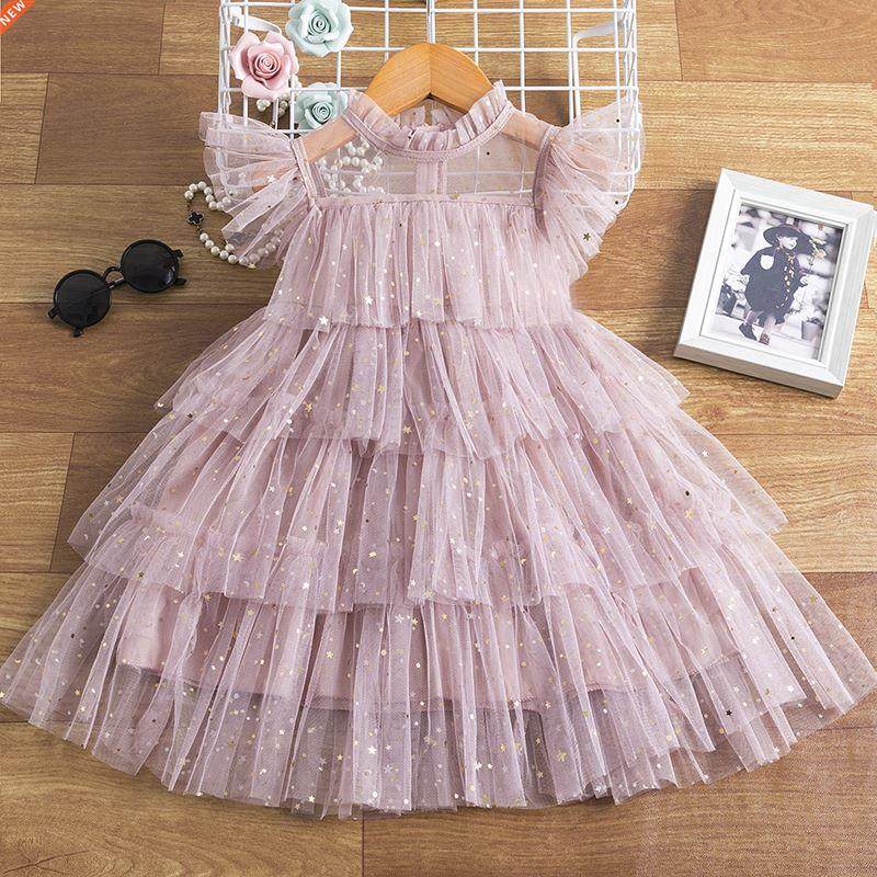Summer Pink Casual Tulle Princess Dress For Girls Lace Sleev图片