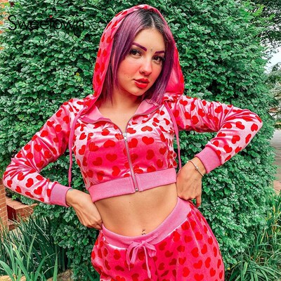 Sweetown Pink Velvet Cute  Hoodies Women Heart Print Kawaii