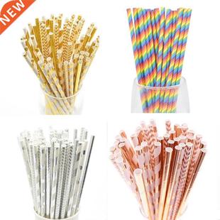 25/50pcs Foil Gold/Silver Disposable Drinking Paper Straws R