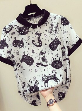 Cat Print Summer New Slim Top Vintage White Black Chiffon Sh