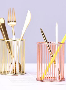 INS Desktop Pen Holder Office School Storage Case metal Gold