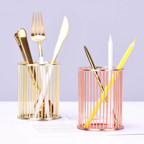 INS Desktop Pen Holder Office School Storage Case metal Gold