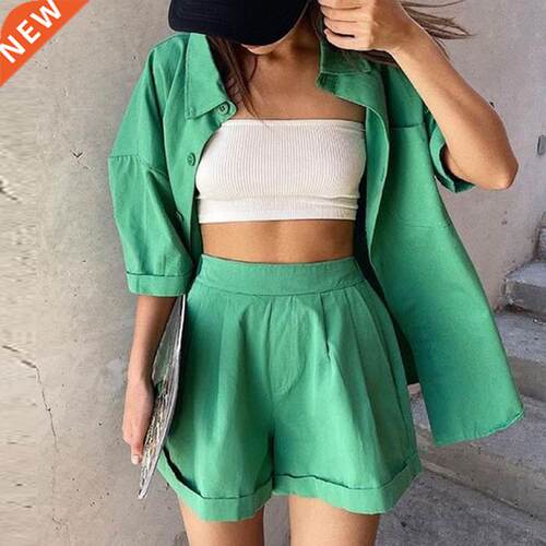 Fashion Two Piece Shorts Sets Women Suit Casual Button Up Sh