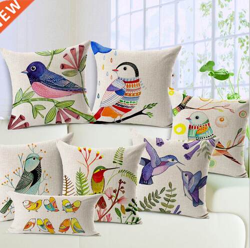 birds decorative pillow Nordic painting linen cushion 45x45