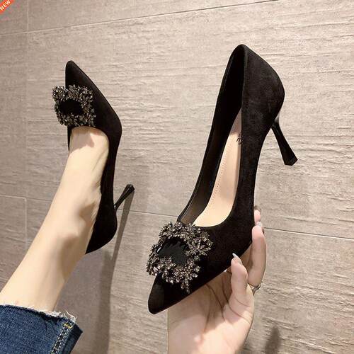 Korean Woman High Heels Asakuchi Pointed Square Buckle Rhine