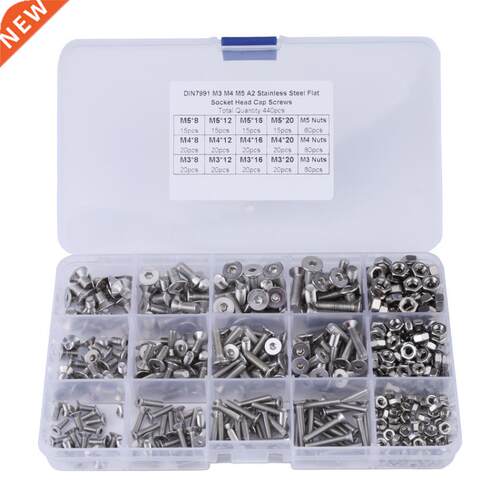 440pcs M3 M4 M5 Stainless Steel Hex Socket Flat Head Screw