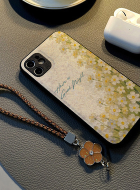 适用小米红米note13 12pro 11t/11/10手机壳硅胶创意note14 pro皮纹全包防摔软保护套女挂绳新款黄绿水彩花朵