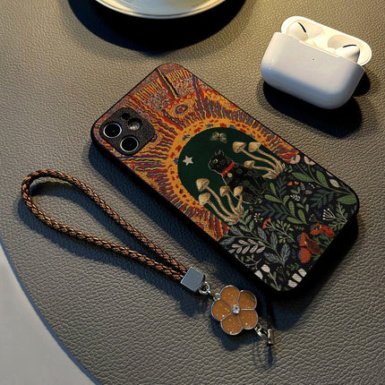 适用opporeno12pro 10/7se/6pro/reno9 5/4手机壳reno15硅胶8创意个性皮纹防摔保护套挂绳潮新款油画花朵黑猫