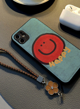 适用opporeno10pro+/7se/6pro/reno12 5/9手机壳reno11硅胶8创意个性皮纹防摔保护套挂绳潮新款涂鸦红色笑脸