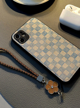 适用vivo iqoo neo7 neo3 neo6se手机壳neo5活力版12pro女7硅胶创意皮革纹防摔软保护套挂绳新款蓝色水彩格子