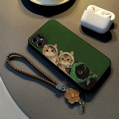 适用vivox300 x200 x100 x90 x80 pro/x70pro/x60手机壳硅胶创意皮纹防摔软壳保护套女挂绳新款绿色油画猫咪