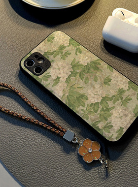 适用华为荣耀x60i v40/v30pro/v20/x40i/x30i手机壳x70i女硅胶创意皮革纹防摔软保护套挂绳新款白色茶花绿叶